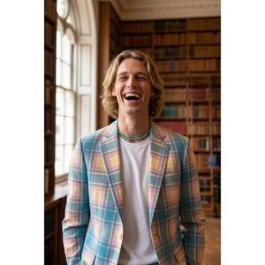 Shinesty The Burnished Broker Plaid Pastel Stretch Blazer 40 R 2 Button Pride